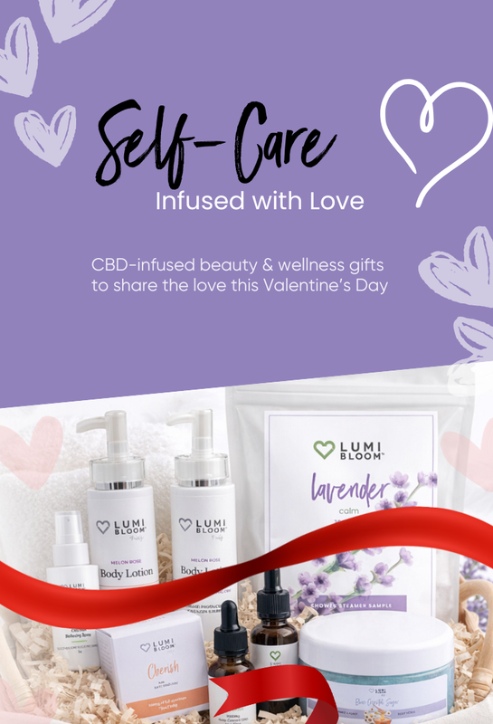 Lumi Bloom CBD-infused beauty and wellness products with a purple background and heart design.